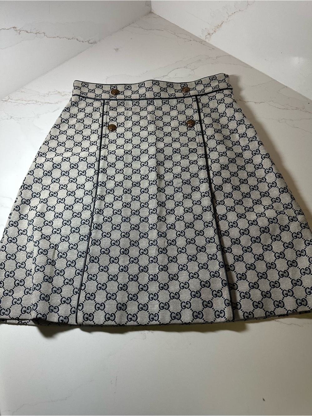 Gucci Cream and Navy GG Jacquard A-Line Skirt with Gold Buttons